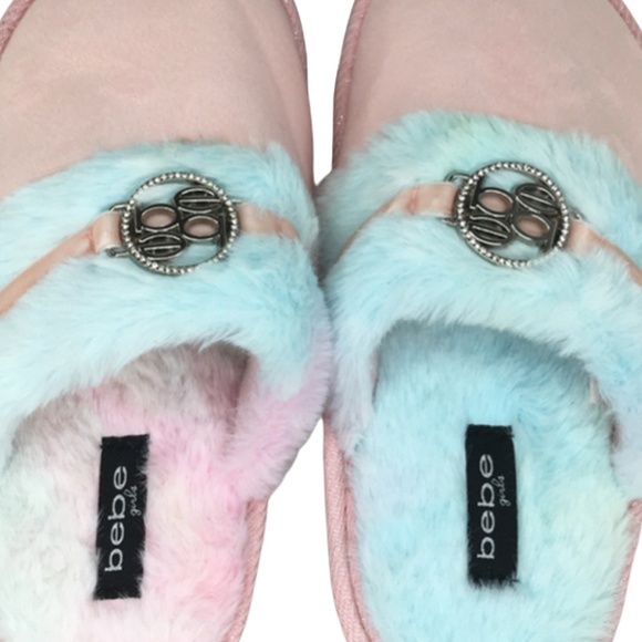 Bebe Faux Fluffy Barbiecore Fur Rainbow Tie Dye Slip on Slippers Shoes Girls NIP - Picture 3 of 10